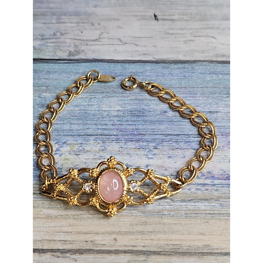 Vintage 70s Avon Rose Quartz Bracelet 7" Double links gold tone